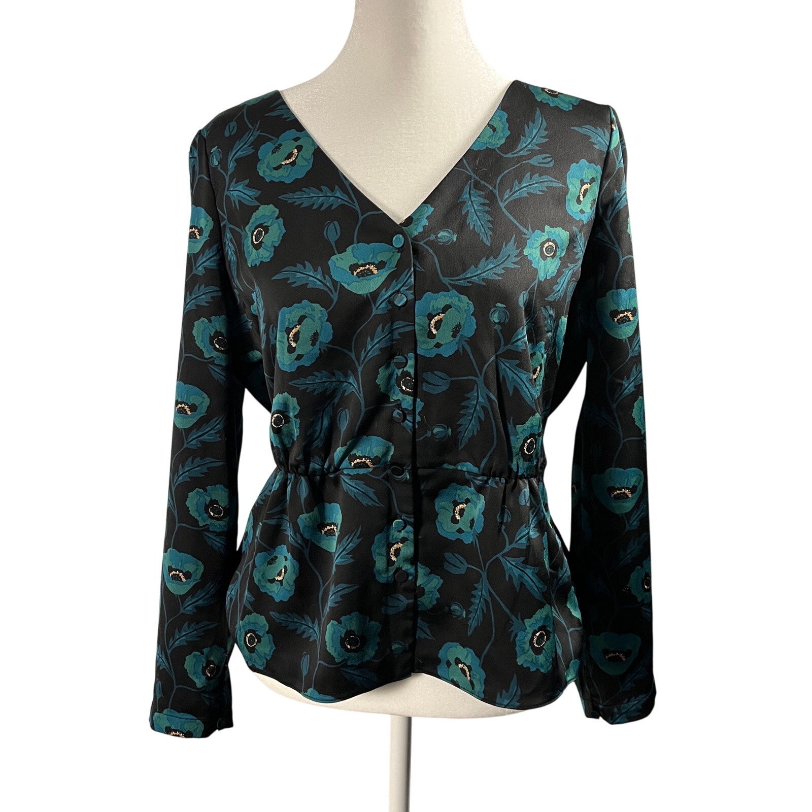 J.Crew Floral Peplum Blouse Black Green Women’s Size 8
